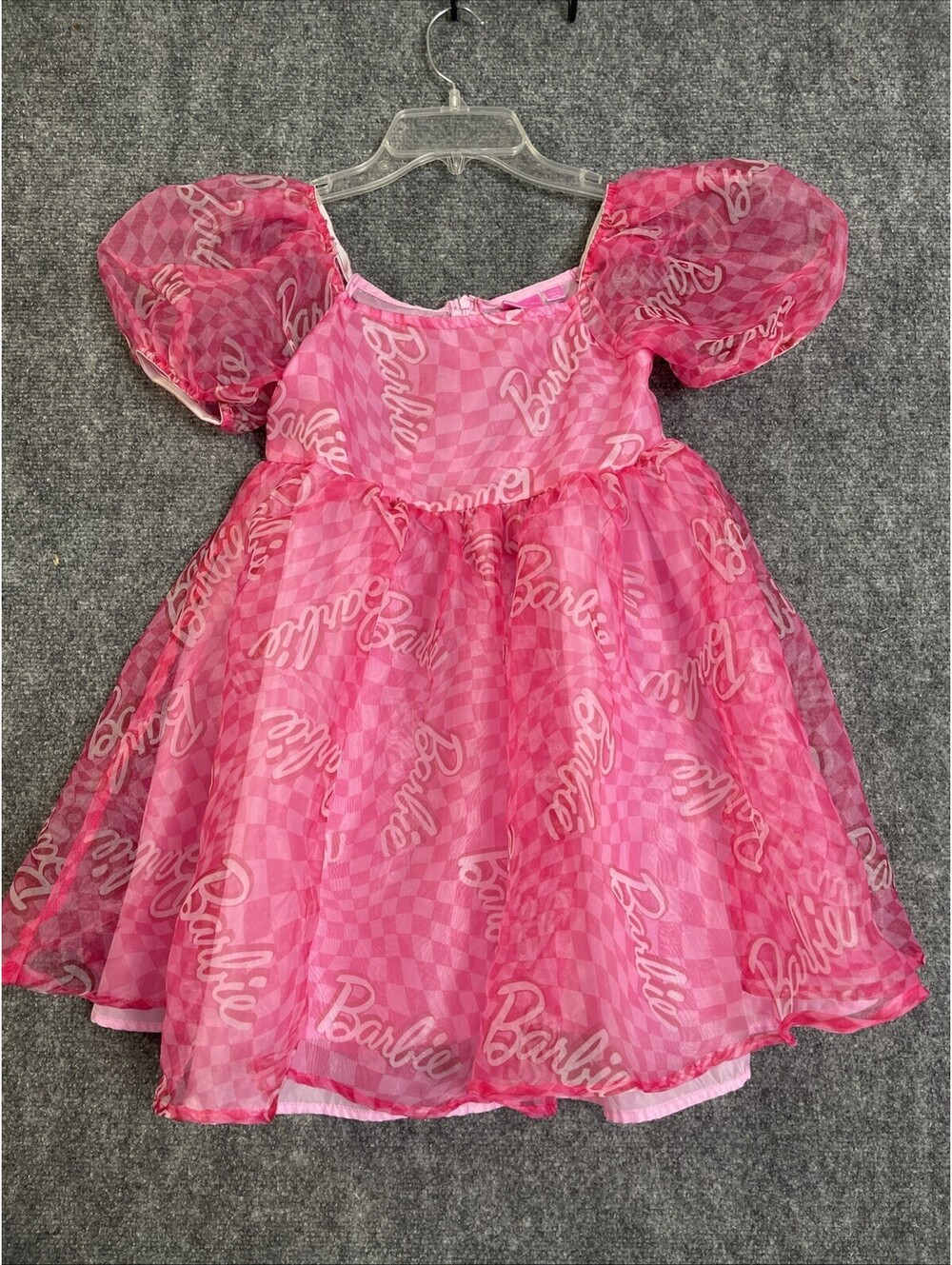 Barbie Bright Pink Dress Short Puff Sleeve Checkered Overlay Girls Sz 10 12